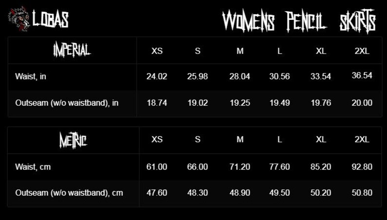 May include: Size chart for women's pencil skirts in imperial and metric measurements. The chart shows waist and outseam measurements in inches and centimetres for sizes XS, S, M, L, XL, and 2XL.