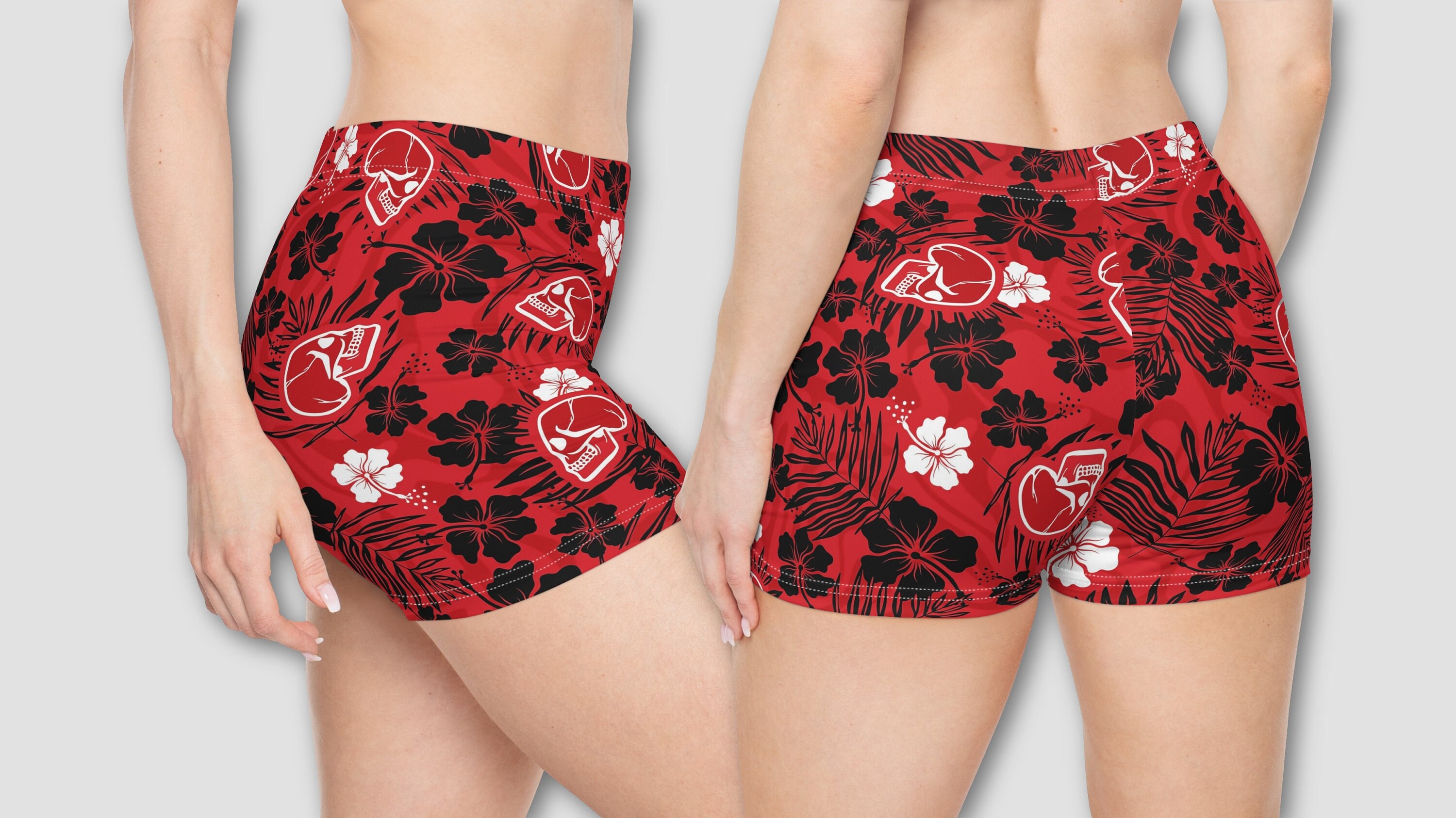 Red Skull Beach Goth Coconut Girl Women's Booty Shorts | Alternative Punk Horror Swim Beach Summer Pajamas Lounge Yoga Active Wear Bottom