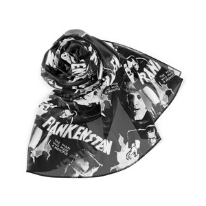 Our Black White Frankenstein Chiffon Scarf makes the perfect accessory for your Rockabilly, Psychobilly, Vintage, Retro Pin Up style outfits and a great gift for fans of Frankenstein and Universal Monsters Classic Horror Movies.