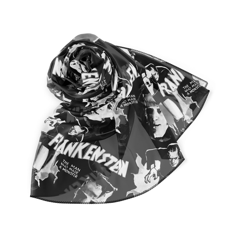 Our Black White Frankenstein Chiffon Scarf makes the perfect accessory for your Rockabilly, Psychobilly, Vintage, Retro Pin Up style outfits and a great gift for fans of Frankenstein and Universal Monsters Classic Horror Movies.