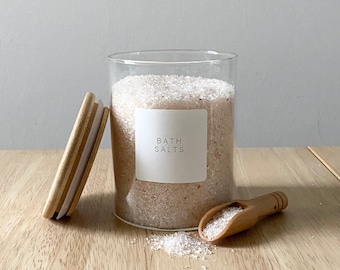 Bath Salts Jar, Bamboo Lid Glass Jar, Mini Wooden Scoop, Minimal Label
