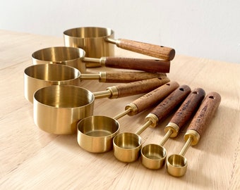 Gold Measuring Cups and Spoons, Rustic Wooden Handle Kitchen Utensils