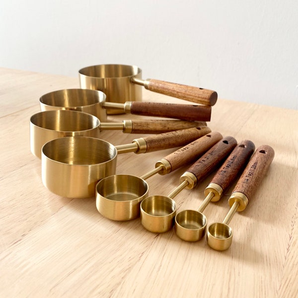 Gold Measuring Cups, Wooden Measuring Scoop, Kitchen Spoons, Rustic Kitchen Utensils, Cooking Baking Gift