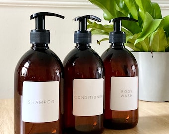 Refillable Plastic Bathroom Bottles Shampoo Conditioner Body Wash Dispenser Amber Pump Waterproof Label