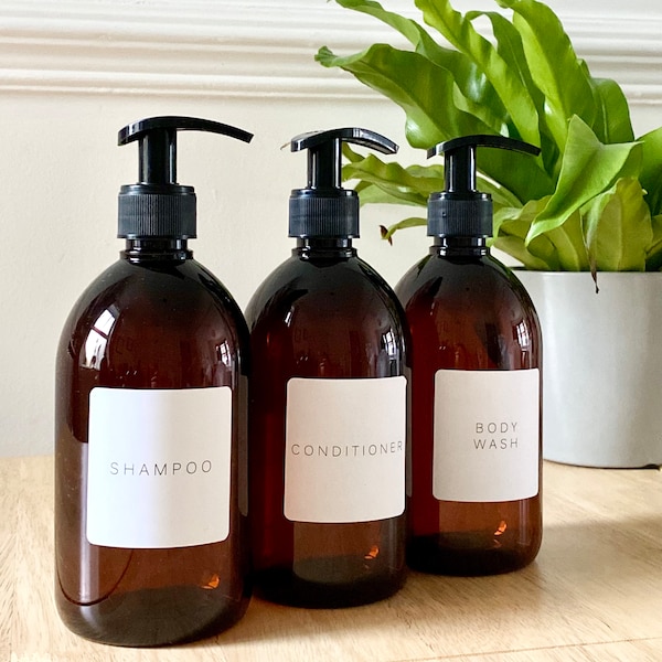 Refillable Plastic Bathroom Bottles Shampoo Conditioner Body Wash Dispenser Amber Pump Waterproof Label