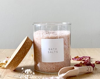 Bath Salts Jar, Cork Lid Glass Jar, Mini Wooden Scoop, Minimal Label