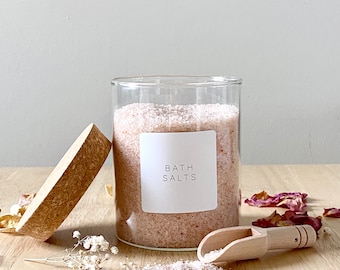 Bath Salts Jar, Cork Lid Glass Jar, Wooden Scoop, Minimal Label