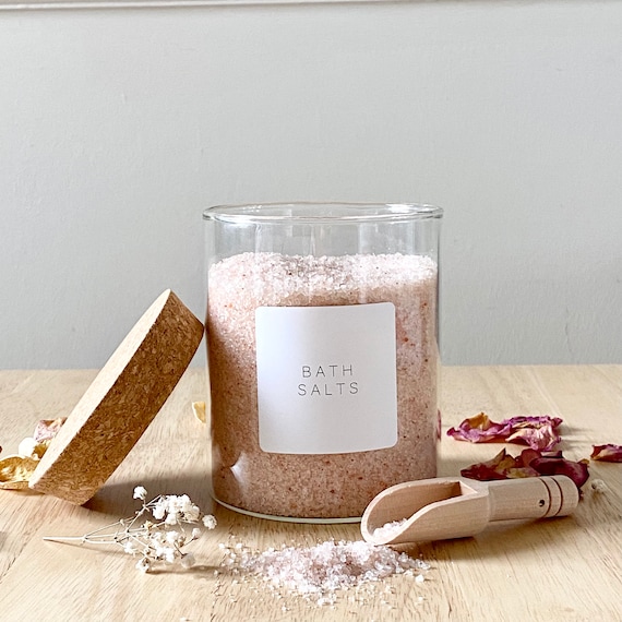 Bath Salts Jar, Cork Lid Glass Jar, Wooden Scoop, Minimal Label