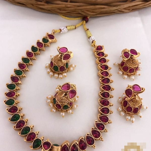Beautiful mango design necklace with earrings, kemp necklace set, saree jewellery, Reversable necklace, 2 in 1, Kerala jewellery, onam