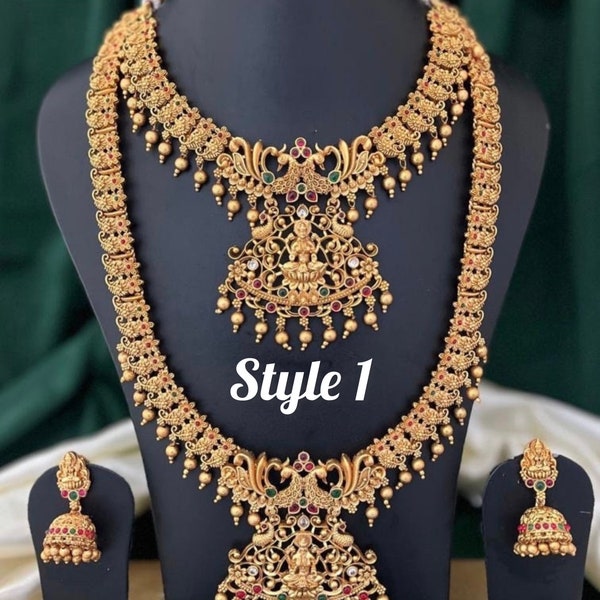 Temple jewellery set | combo necklace with Earrings | south Indian jewellery matt finished designer kemp stone |  Indian bridal necklace set