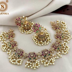 Beautiful lotus design necklace with earrings, temple jewellery set, kemp necklace set, saree jewellery