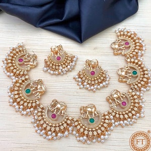 Kemp stone temple jewellery set | Ethinic wear designer pearl jewellery | saree and Lehenga set| South Indian simple necklaces set