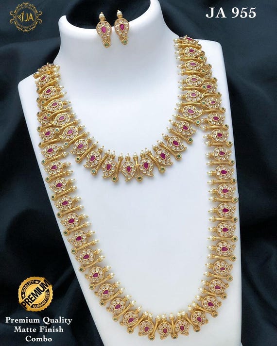 TholiGifts Temple Jewellery Set Combo Necklace with Earrings South Indian Jewellery Matt Finished Designer Kemp Stone Indian Bridal Necklace Set