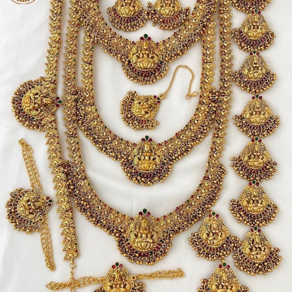 South Indian gold full bridal set with white pearl drops | matte finish | temple bridal set | temple jewellery | gift for her