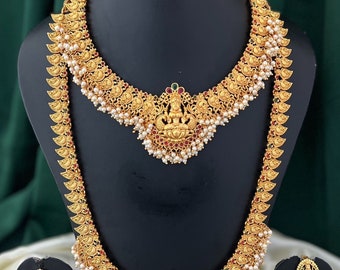 Temple jewellery set | combo necklace with Earrings | south Indian jewellery matt finished designer kemp stone |  Indian bridal necklace set