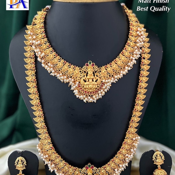 Temple jewellery set | combo necklace with Earrings | south Indian jewellery matt finished designer kemp stone |  Indian bridal necklace set