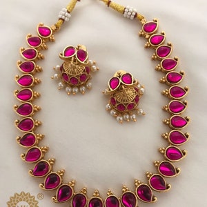 Beautiful mango design necklace with earrings, temple jewellery set, kemp necklace set, saree jewellery