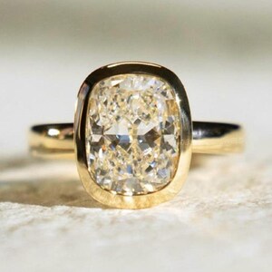 3.00 Cushion Cut Moissanite Engagement Ring, Bezel Set Elongated Cushion Cut Ring for Her