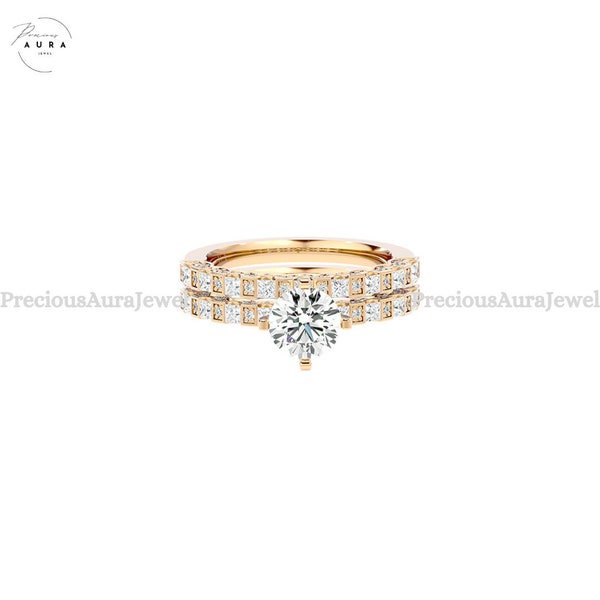 2 Carat Round Moissanite & Diamond Hidden Halo Engagement Ring with 3mm Diamond Eternity Band 14k Rose Gold, Moissanite Bridal Set