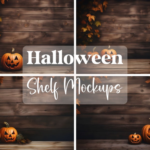 Halloween Shelf Mockups - 4 x Wooden Shelf Halloween mockup designs with wooden backdrop - Halloween product presentation mockups