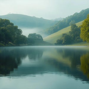 Peaceful Lake and Rolling Hills Zoom Virtual Background - Misty Morning Countryside Scene - Nature Backdrop - Instant Digital Download