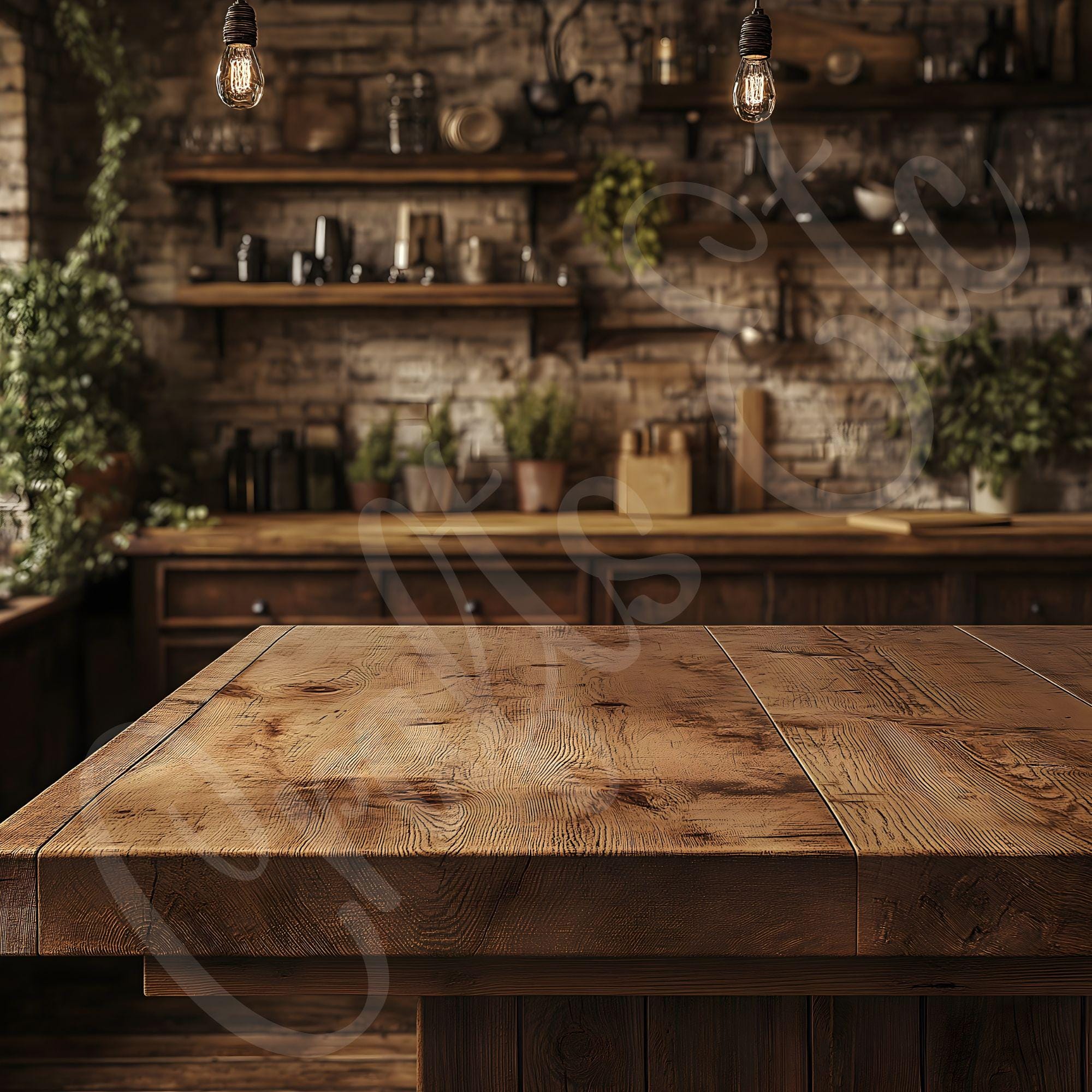 Product Photography Mockup - Wooden Table With a Bokeh Kitchen Backdrop ...