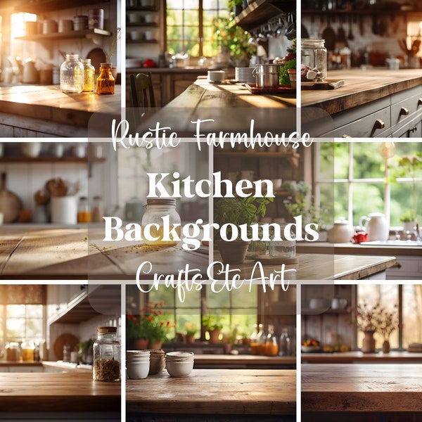 Rustic Farmhouse Kitchen Backgrounds - Farmhouse Kitchen Backgrounds perfect for Product Mockups - Rustic Kitchen Backdrops - 10 x Images