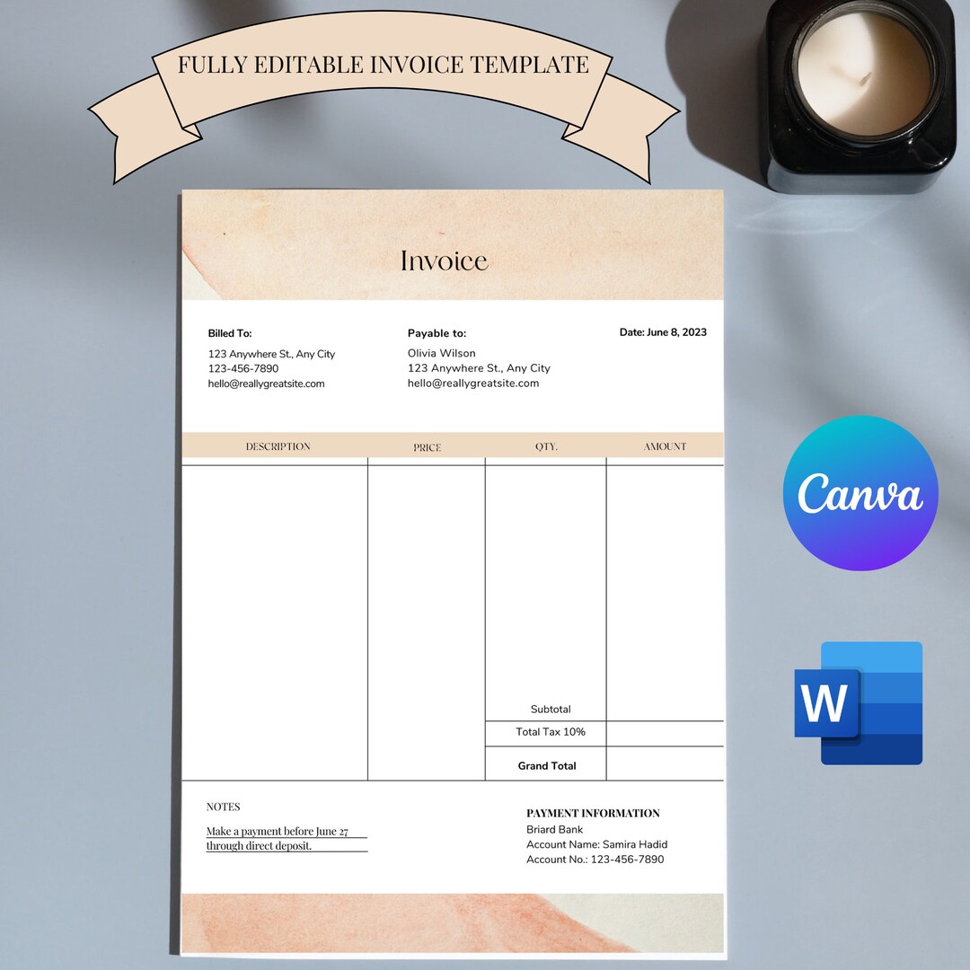 Editable invoice template canva editable template microsoft etsy uk