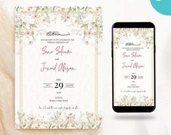 Editable Muslim Wedding Invitation, Modern Nikkah Invitation, Islamic wedding invite, Editable Canva Template, Floral, Mobile & Printable