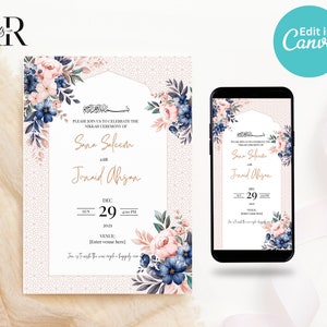 May include: A wedding invitation with a floral design in shades of pink, blue, and green. The invitation features a gold arch with the text "Please join us to celebrate the Nikkah Ceremony of Sana Saleem with Junaid Ahsan" and the date "Dec 29, 2021, 4:00 PM".