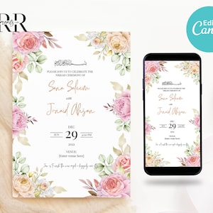 May include: A wedding invitation with a floral design featuring pink, peach, and white flowers. The invitation reads "Please join us to celebrate the Nikkah Ceremony of Sana Saleem with Junaid Ahsan" and includes the date and time of the ceremony.