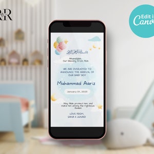Muslim Baby Birth Announcement, Editable baby boy birth Announcement, Islamic birth announcement, Muslim baby, Editable Canva Template