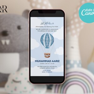 Anuncio de nacimiento de bebé musulmán, anuncio de nacimiento de un niño en globo aerostático, anuncio de nacimiento islámico, bebé musulmán, plantilla editable de Canva