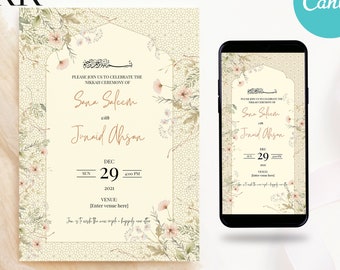 Editable Muslim Wedding Invitation, Modern Nikkah Invitation, Islamic wedding invite, Editable Canva Template, Floral, Mobile & Printable