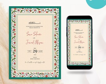 Editable Muslim Wedding Invitation, Modern Nikkah Invitation, Islamic wedding invite, Editable Canva Template, Floral, Mobile & Printable