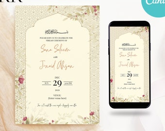 Editable Muslim Wedding Invitation, Modern Nikkah Invitation, Islamic wedding invite, Editable Canva Template, Floral, Mobile & Printable