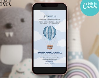 May include: A blue and white hot air balloon with a brown basket floats in a blue sky with white clouds. The text "Alhamdulilah, Our blessing from Allah" is at the top of the image. The text "WE ARE OVERJOYED TO ANNOUNCE THE ARRIVAL OF OUR BABY BOY MUHAMMAD AARIZ SUNDAY, JAN 1ST - 10 AM" is in the middle of the image. The text "May Allah protect him, and make him among the righteous. Ameen LOVE FROM, SANA & JUNAID" is at the bottom of the image.