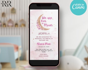 Muslim Baby Birth Announcement, Floral, Moon baby girl birth Announcement, Islamic birth announcement, Muslim baby, Editable Canva Template