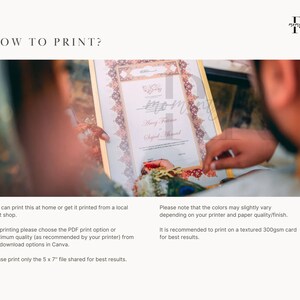 May include: A printable wedding invitation with a gold frame and intricate floral designs. The invitation features the names "Asif Fatima" and "Sajid Ahmad" in a traditional calligraphy style. The text "How to Print?" is displayed above the invitation.