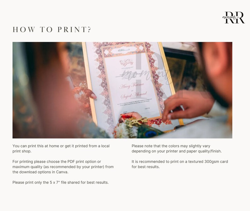 May include: A printable wedding invitation with a gold frame and intricate floral designs. The invitation features the names "Asif Fatima" and "Sajid Ahmad" in a traditional calligraphy style. The text "How to Print?" is displayed above the invitation.
