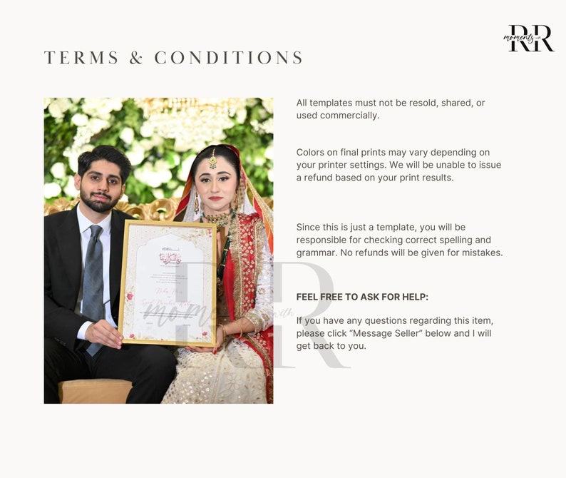 May include: A couple holding a framed wedding invitation with gold trim. The invitation features a traditional Islamic design with calligraphy in Arabic. The text on the page reads "TERMS & CONDITIONS" and includes information about the template's use and refunds.