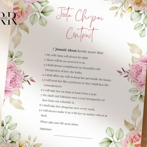 Joota Chupai Contract, Fun Wedding Contract Template, Printable Nikkah Contract funny, Editable Bridal Contract, Digital Download