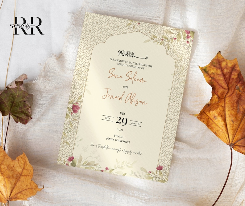 May include: A cream-colored wedding invitation with a floral design and intricate patterns. The invitation announces the Nikkah ceremony of Sana Saleem and Junaid Alisan on December 29th, 2022 at 6:00 PM. The venue is not specified.
