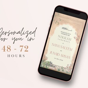May include: A digital invitation on a smartphone screen with a floral design. The invitation is for a Nikkah ceremony, a Muslim wedding, for Sana Saleem and Junaid Ahsan. The text reads "Please join us to celebrate the Nikkah ceremony of Sana Saleem and Junaid Ahsan. In Sha Allah."