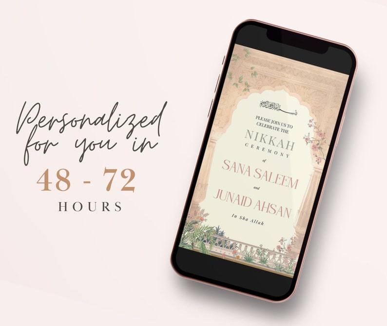 May include: A digital invitation on a smartphone screen with a floral design. The invitation is for a Nikkah ceremony, a Muslim wedding, for Sana Saleem and Junaid Ahsan. The text reads "Please join us to celebrate the Nikkah ceremony of Sana Saleem and Junaid Ahsan. In Sha Allah."