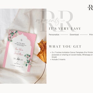 May include: A pink and green floral wedding invitation template with a gold border. The template is 5 x 7 inches and includes 3 inserts. The text on the invitation reads "Mr. & Mrs. Saleem" and "Sne Sofiem & Junaid Abyan".