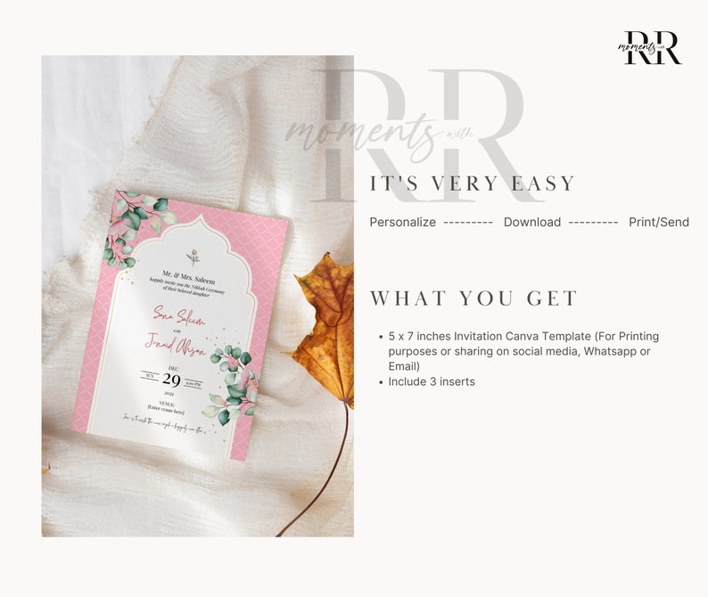 May include: A pink and green floral wedding invitation template with a gold border. The template is 5 x 7 inches and includes 3 inserts. The text on the invitation reads "Mr. & Mrs. Saleem" and "Sne Sofiem & Junaid Abyan".