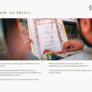 Puede incluir: Una invitaci&oacute;n de boda imprimible con un marco dorado y dise&ntilde;os florales intrincados. La invitaci&oacute;n presenta los nombres "Asif Fatima" y "Sajid Ahmad" en un estilo de caligraf&iacute;a tradicional. El texto "&iquest;C&oacute;mo imprimir?" se muestra encima de la invitaci&oacute;n.