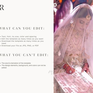 May include: A white wedding template with text that reads "What can you edit?" and "What you can't edit?" The text lists editable and non-editable elements of the template. The template is shown being signed by a person wearing a white veil and a white and gold dress.
