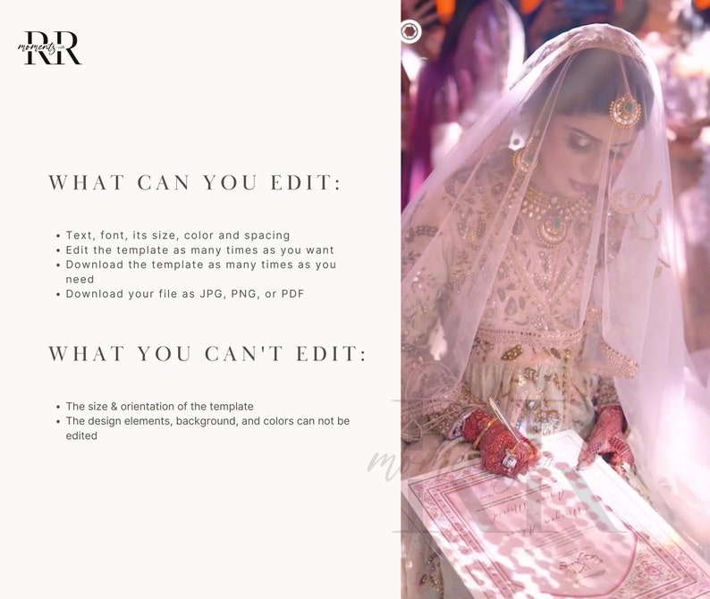 May include: A white wedding template with text that reads "What can you edit?" and "What you can't edit?" The text lists editable and non-editable elements of the template. The template is shown being signed by a person wearing a white veil and a white and gold dress.